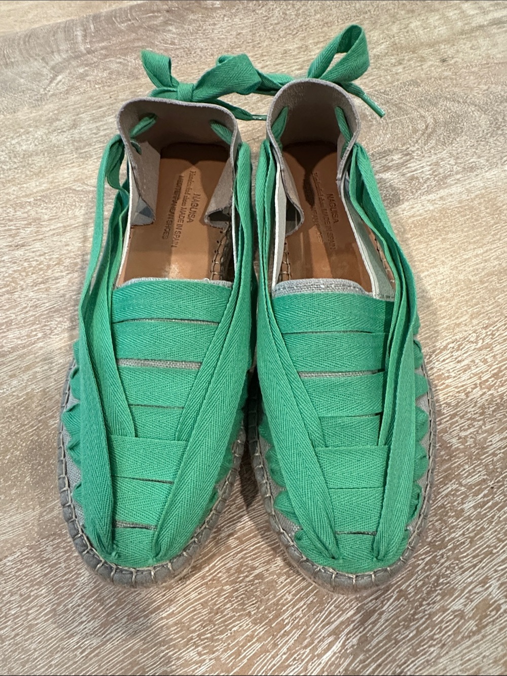 NAGUISA SOC Espadrille Flats Green Fabric Lace Up Sandal Shoes Women Size 39/8.5